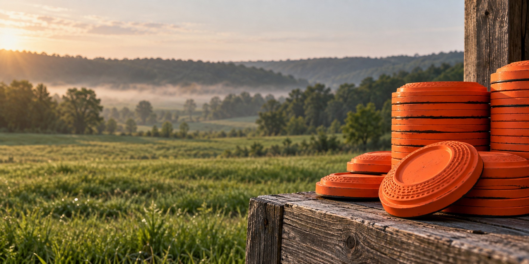 Orange clay targets on a timber platform overlooking a green meadow